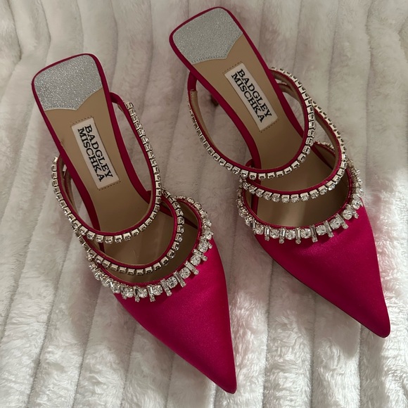 Badgley Mischka Fuchsia Satin Heels with Rhinestones - Picture 2 of 6